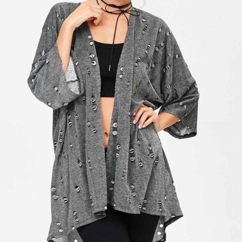 Tara Open Boho Distressed Cardigan (Charcoal)